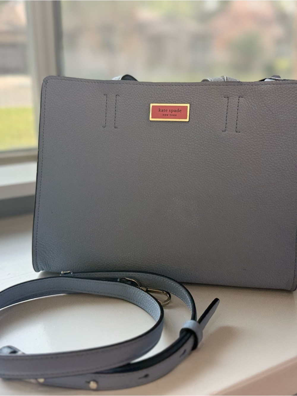 kate spade Gray Pebbled Leather Tote with Gold Logo Plaque